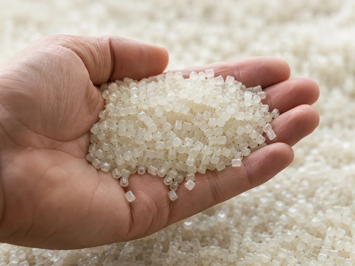 Recycled plastic pellets held in a hand