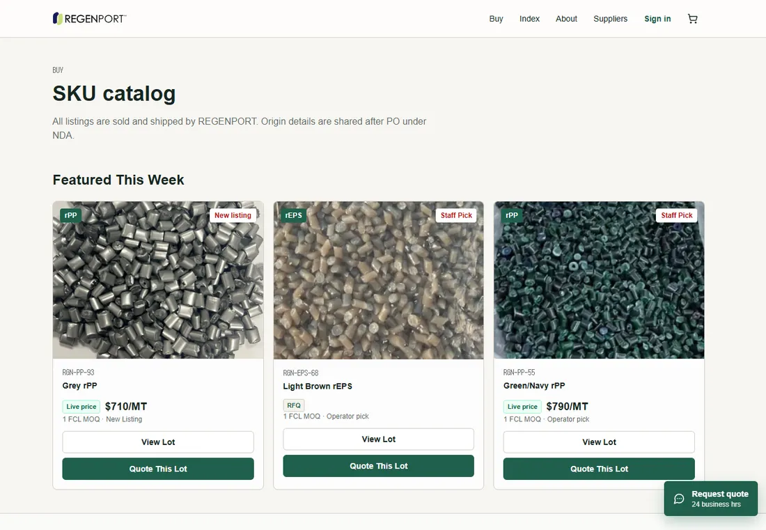 Regenport Buy catalog listing recycled material grades